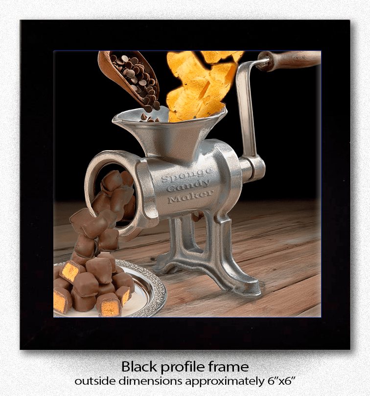 Sponge Candy Maker Coaster - Home Decor Coaster featuring a vintage grinder turning chips and sponge candy into chocolate treats. Ceramic with cork backing.