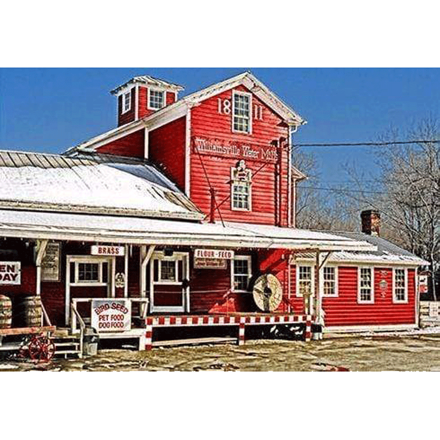 Williamsville Water Mill Magnet featuring a vivid acrylic print of the historic red mill building, ideal for decorating metal surfaces.