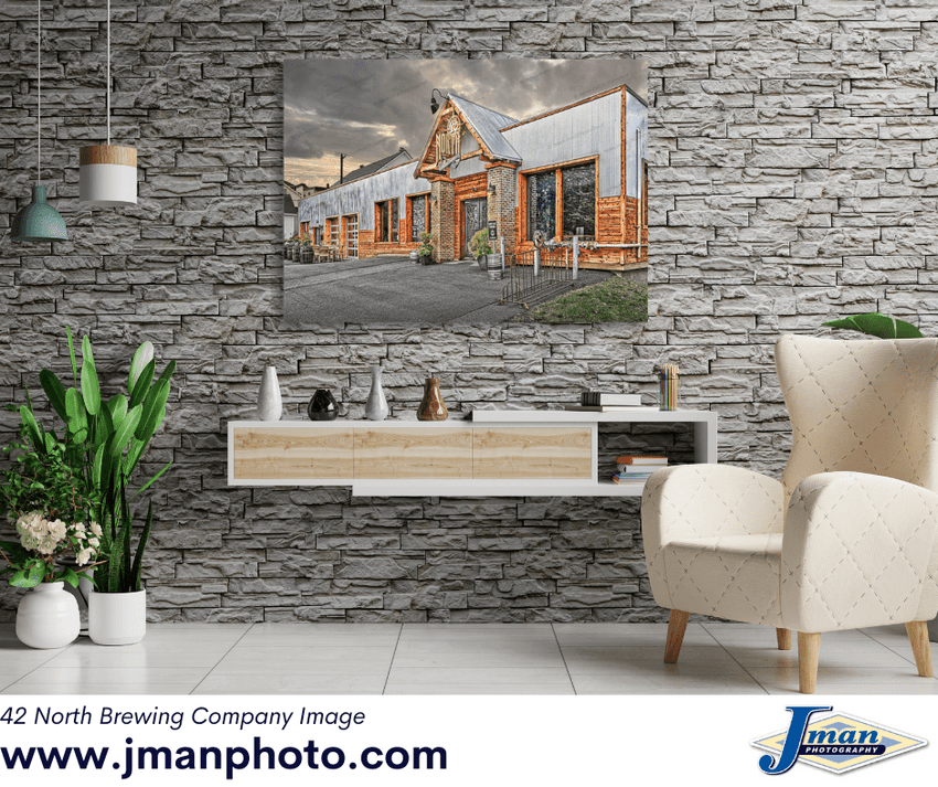 42 North Brewing Company wall art displayed in modern living room decor, perfect for craft beer lovers and East Aurora brewery enthusiasts.