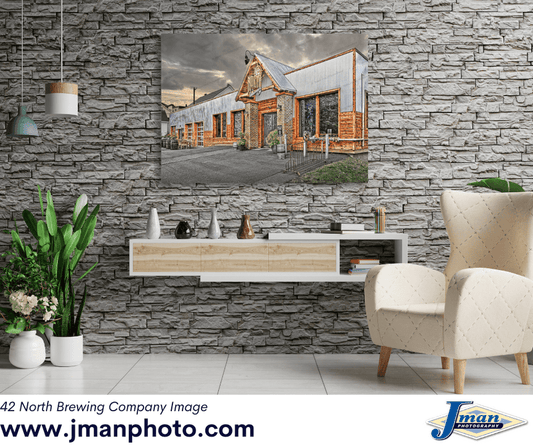 42 North Brewing Company wall art displayed in modern living room decor, perfect for craft beer lovers and East Aurora brewery enthusiasts.