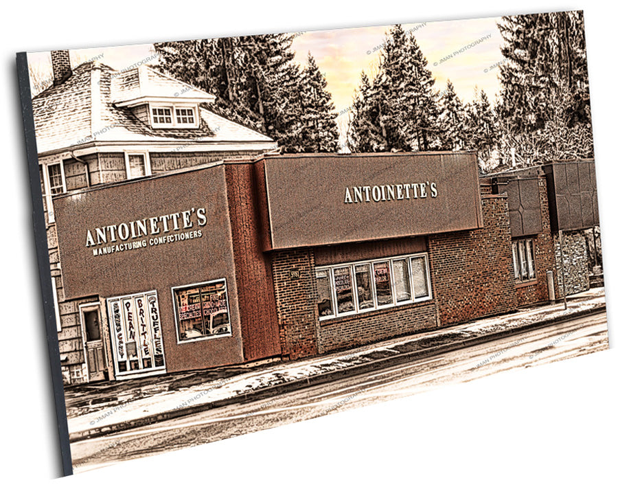 Mounted wall art print of Antoinette's Ice Cream Parlor in Buffalo, highlighting the historic confectionery shop's exterior in vintage tones.