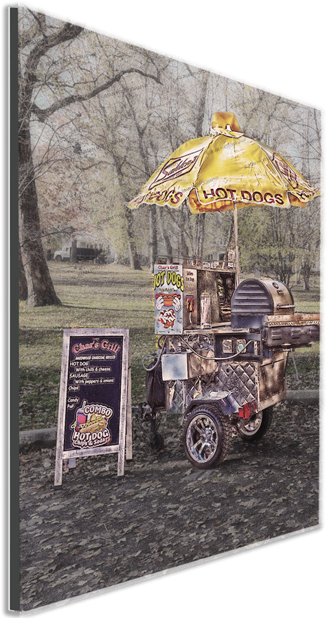 Mounted Hot Dog Cart Photo Art print with side view showing depth and detail, perfect for home or office vintage-themed wall decor.