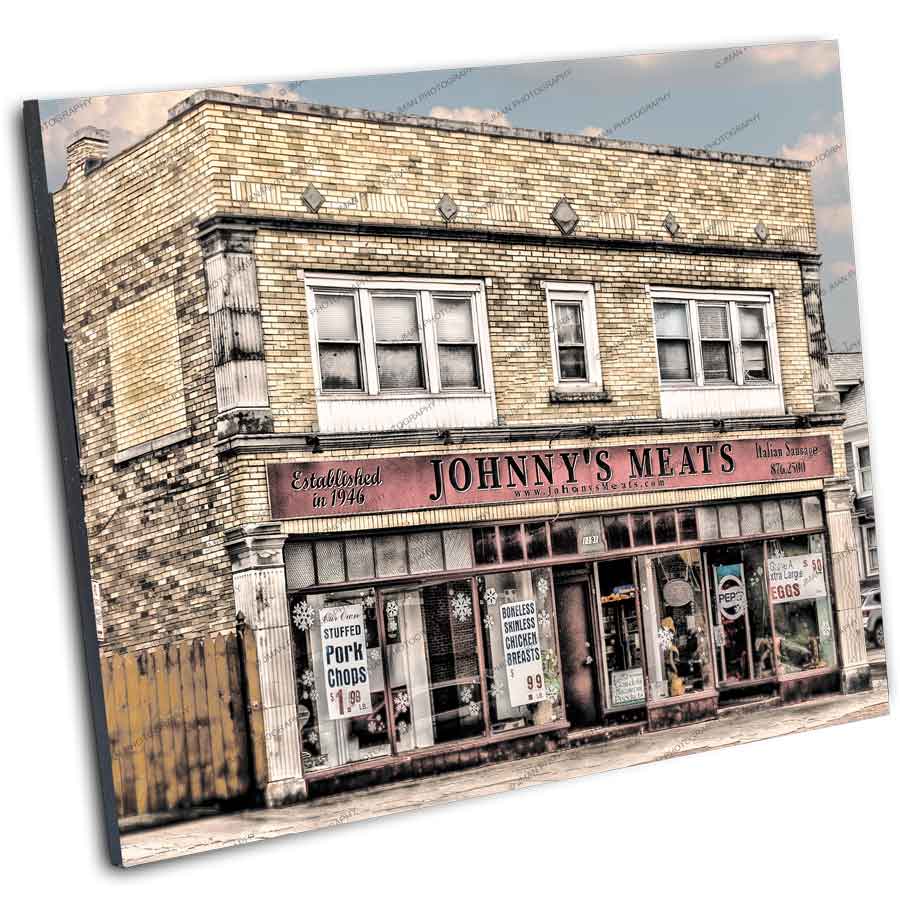 Mounted wall art print of Johnny's Meats on Hertel - Buffalo NY's Best Butcher Shop, perfect for home or kitchen decor.
