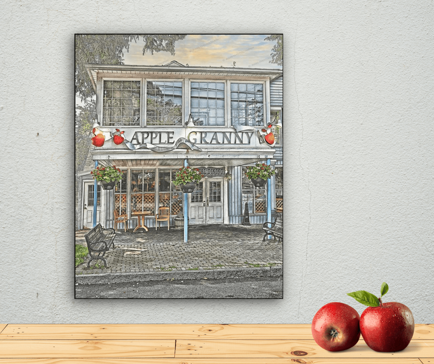 Apple Granny Restaurant Lewiston wall art displayed on a light wall with apples, ideal for home or kitchen decor in Buffalo-WNY style.