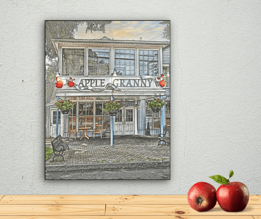 Apple Granny Restaurant Lewiston wall art displayed on a light wall with apples, ideal for home or kitchen decor in Buffalo-WNY style.