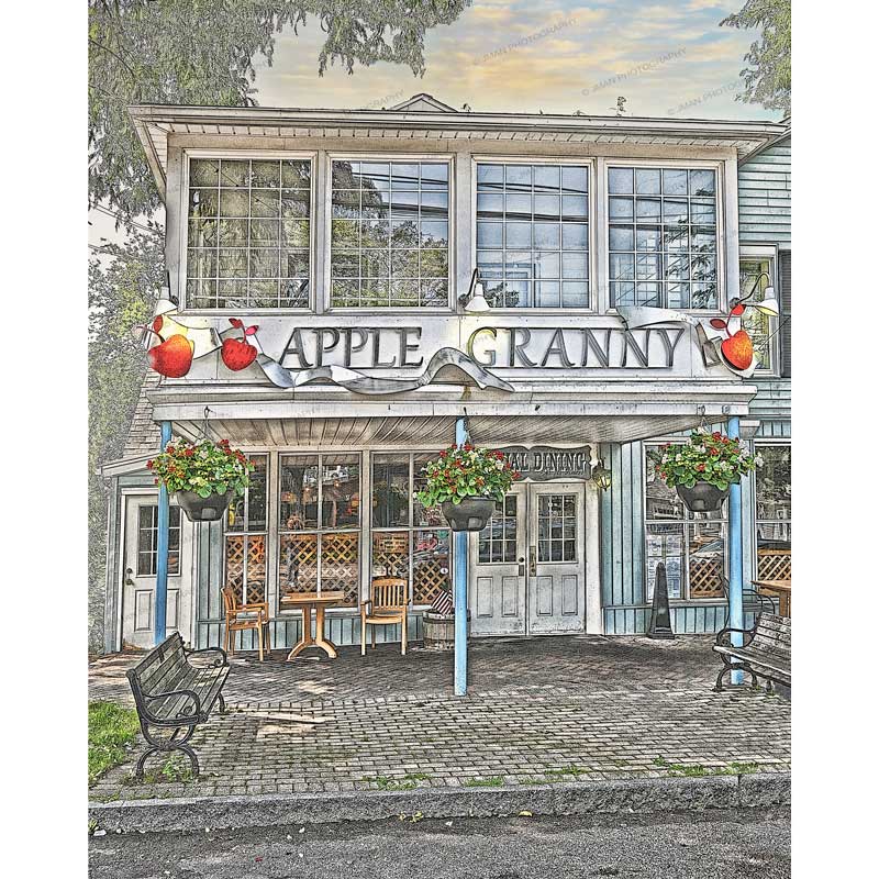 Framed artwork of Apple Granny Restaurant Lewiston, showcasing its charming facade and casual dining vibe in historic WNY.