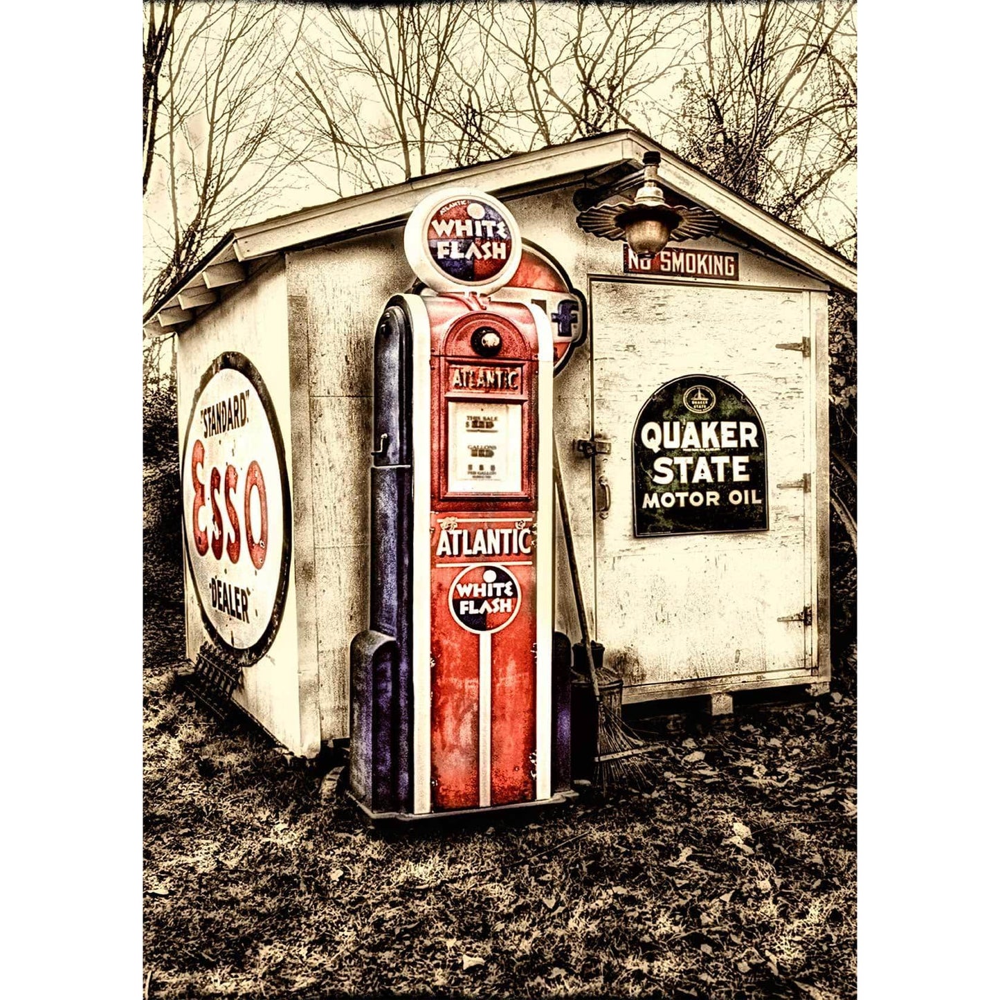 Atlantic White Flash Gas Pump photo featuring a vintage red pump beside retro Esso and Quaker State signs on a shed in rural Pennsylvania.