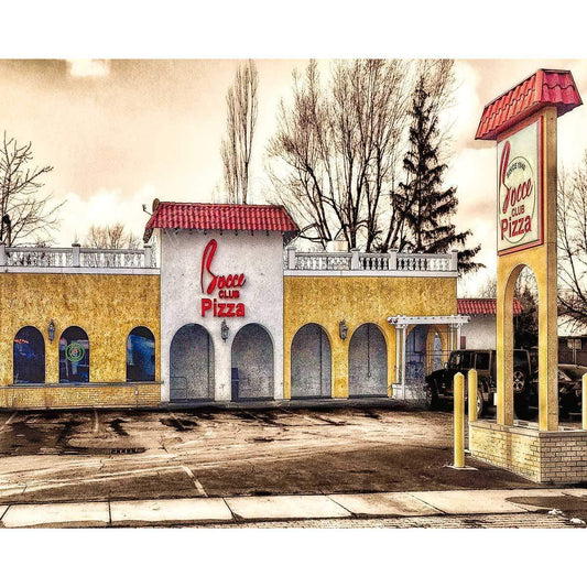 Bocce Club Magnet featuring a vivid photo of the iconic Bocce Club Pizza building with red signage and yellow facade, ideal for fridge decor.