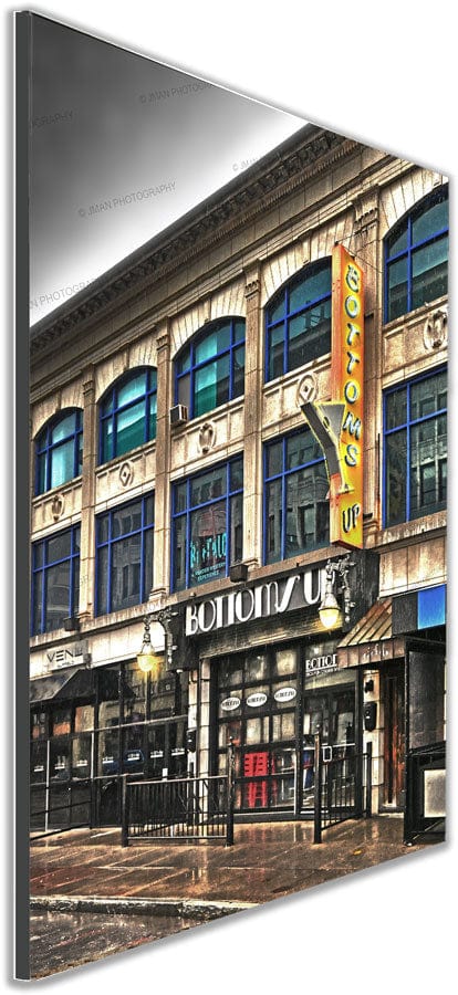 Angled view of Bottoms Up Chippewa St Buffalo bar wall art print, showcasing vibrant city nightlife scene in high-quality finish.