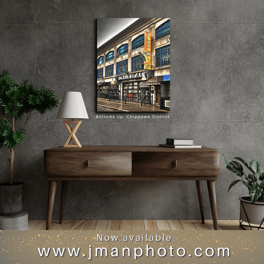 Framed Bottoms Up Chippewa St Buffalo bar print displayed in modern home interior, ideal wall art for nightlife and city lovers.