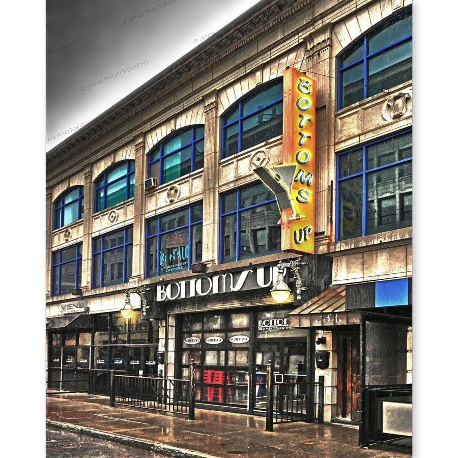 Bottoms Up Chippewa St - Buffalo bar exterior with neon sign and nightlife vibe, captured by Jman Photography for home decor artwork.