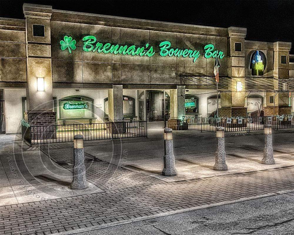Brennan's Bowery Bar - Buffalo NY Pub lit up at night, showcasing Irish food and vintage charm in a nostalgic Buffalo-WNY photo print.