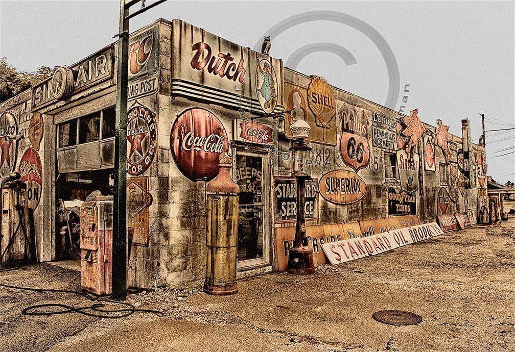 Dutch Boy Indiana Signage - Vintage Road Photography featuring retro automotive signs on a rustic garage wall in Indiana. Ideal for vintage decor lovers.