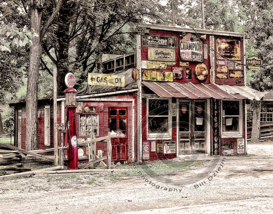 Pennsylvania vintage gas station photo print featuring rustic red gas pump, classic signage, and nostalgic storefront on a rural back road.