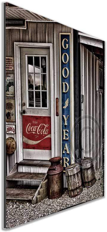Angled view of Goodyear & Signage photo print showing vintage Americana with Goodyear sign and gas station details. Perfect for nostalgic wall art.