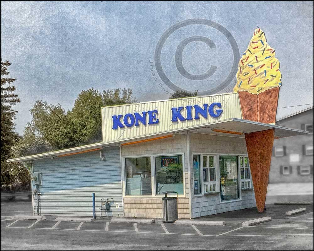 Kone King Magnet - Acrylic Magnet featuring a vintage-style photo of the Kone King ice cream stand with a giant cone sign, ideal for fridge decor.