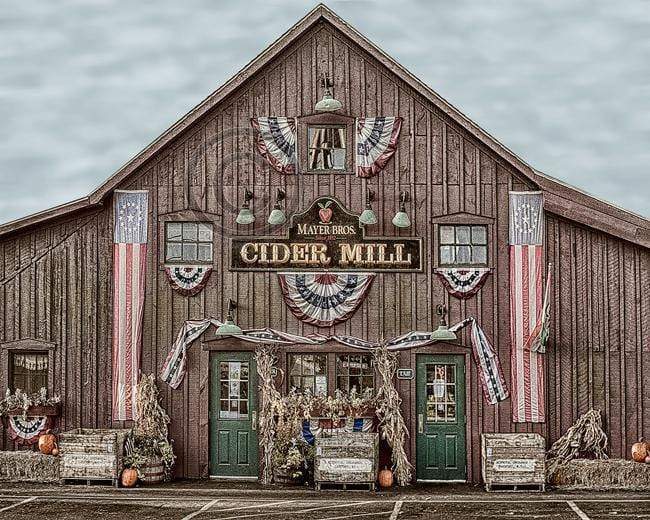 Cider Mill Magnet – Mayer Bros Image features a rustic barn with patriotic bunting and fall decor, ideal for fridge or locker magnetic decor.