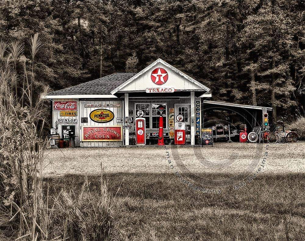 Vintage Texaco Gas Station Photo - Historic Art Print featuring an old gas station with classic signage and pumps in rural Indiana.