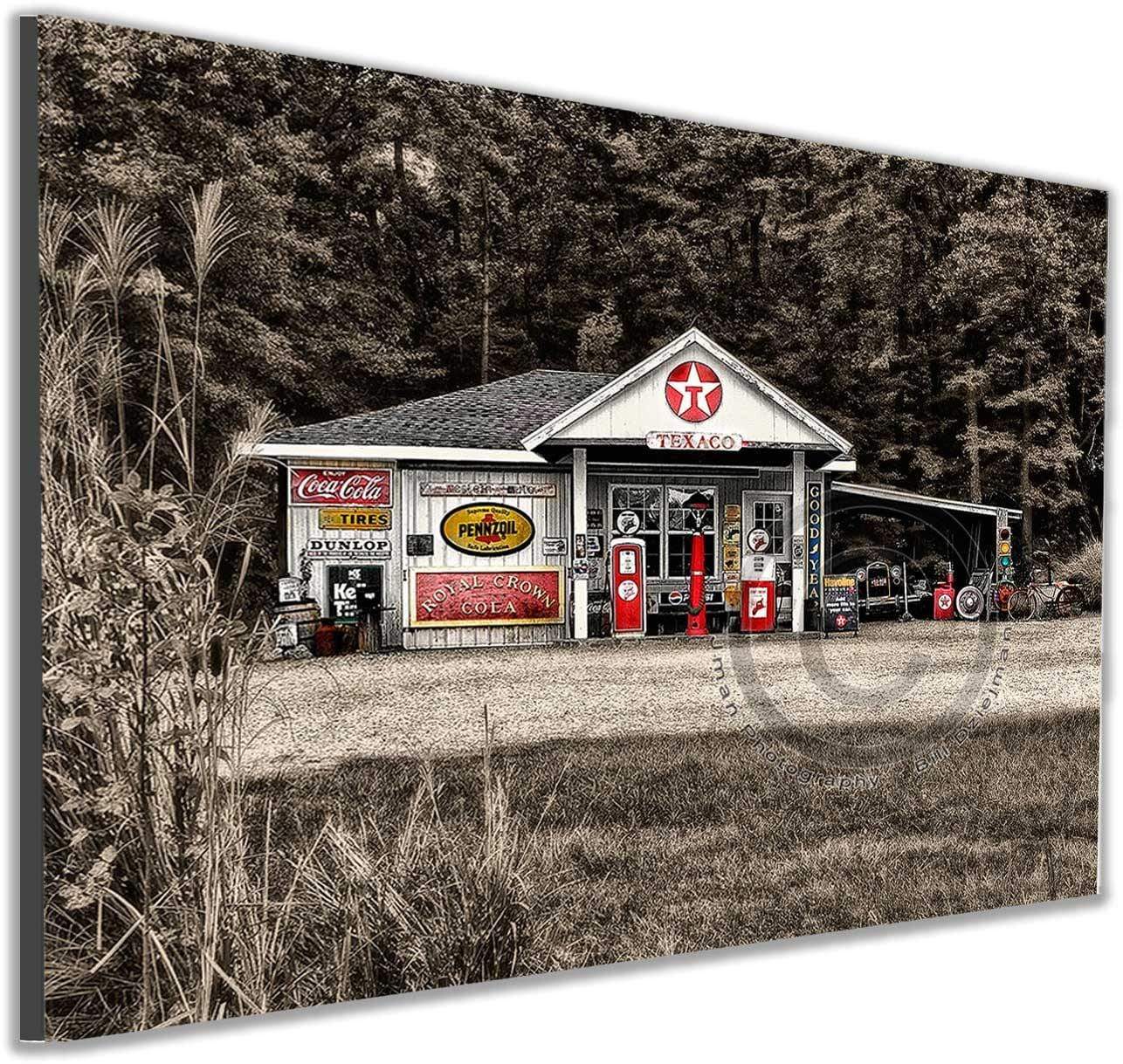 Digitally enhanced Vintage Texaco Gas Station Photo - Historic Art Print mounted on wall art panel, ideal for automotive-themed decor.