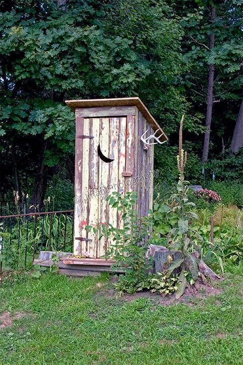 Rustic décor art print of a weathered wooden outhouse with a half moon cutout, set in a lush green garden. Ideal for country bathroom themes.