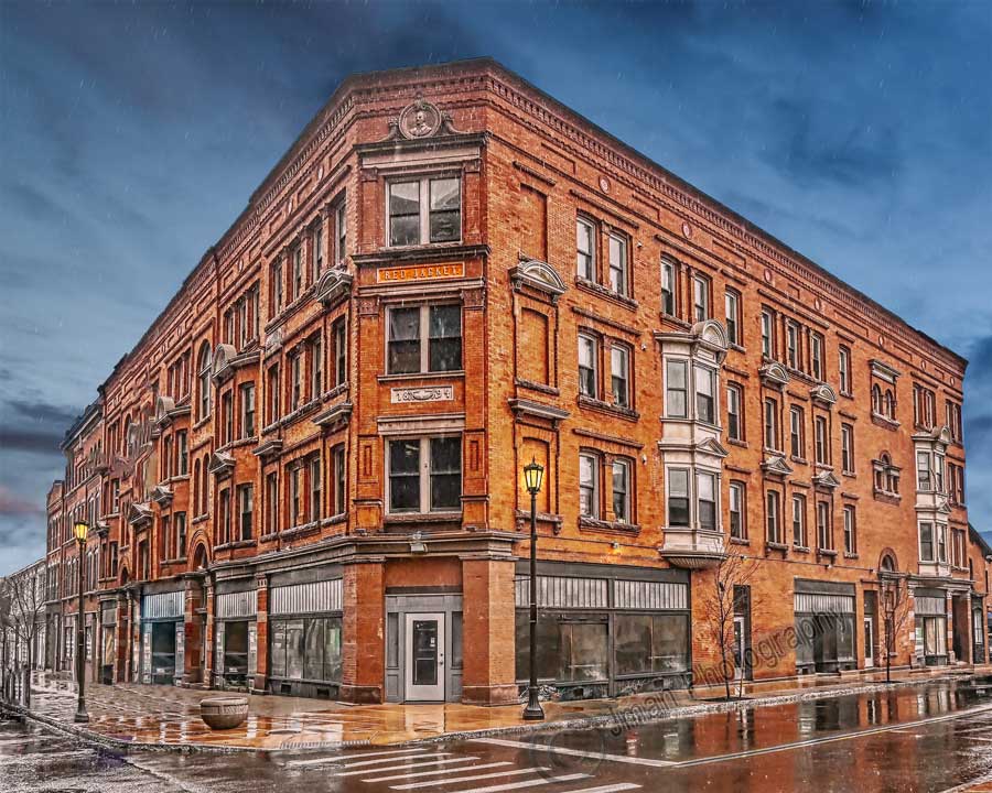 Red Jacket Building Rainy Day WNY jmanphoto