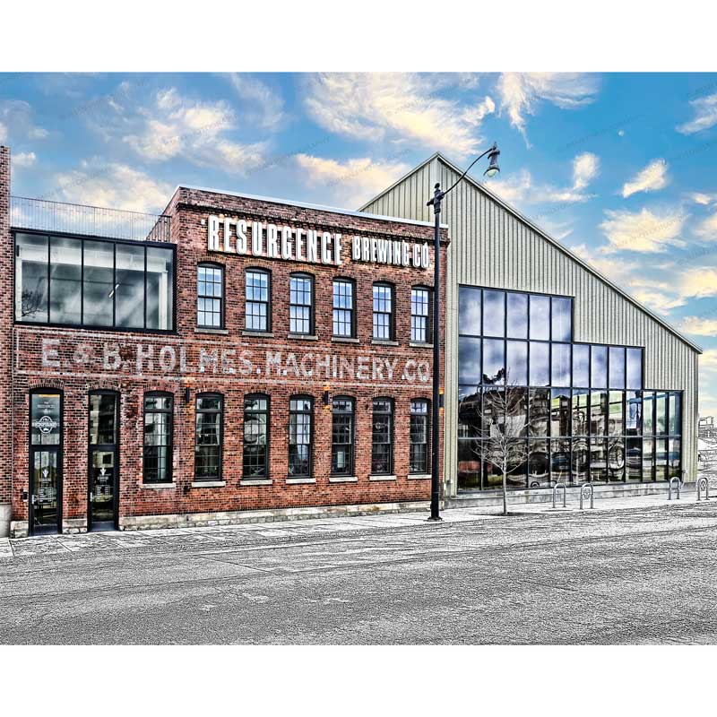Magnet Resurgence Brewing features a vibrant photo of the historic E&B Holmes Machinery Co. building in Buffalo, NY, now home to Resurgence Brewing.