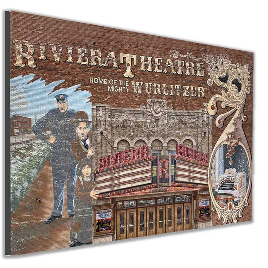 Angled view of Riviera Theatre Collage - Riviera Theatre Photo Buffalo, showcasing float-mounted print with vivid architectural and artistic details.