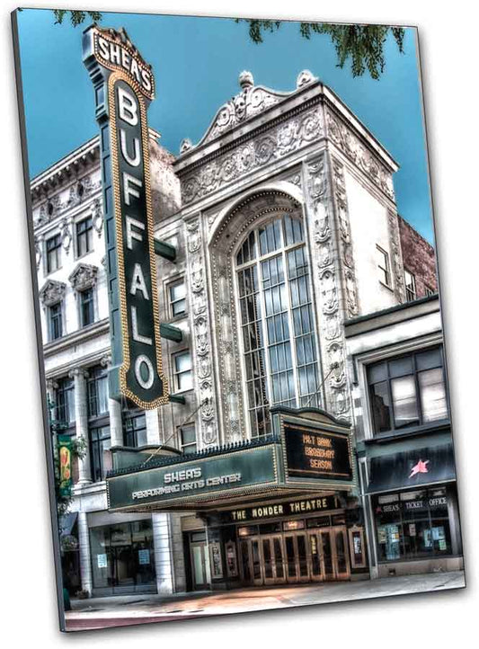 Angled wall art of Shea's Buffalo Theatre - History & Design Highlights featuring the iconic vertical neon sign and historic architecture.