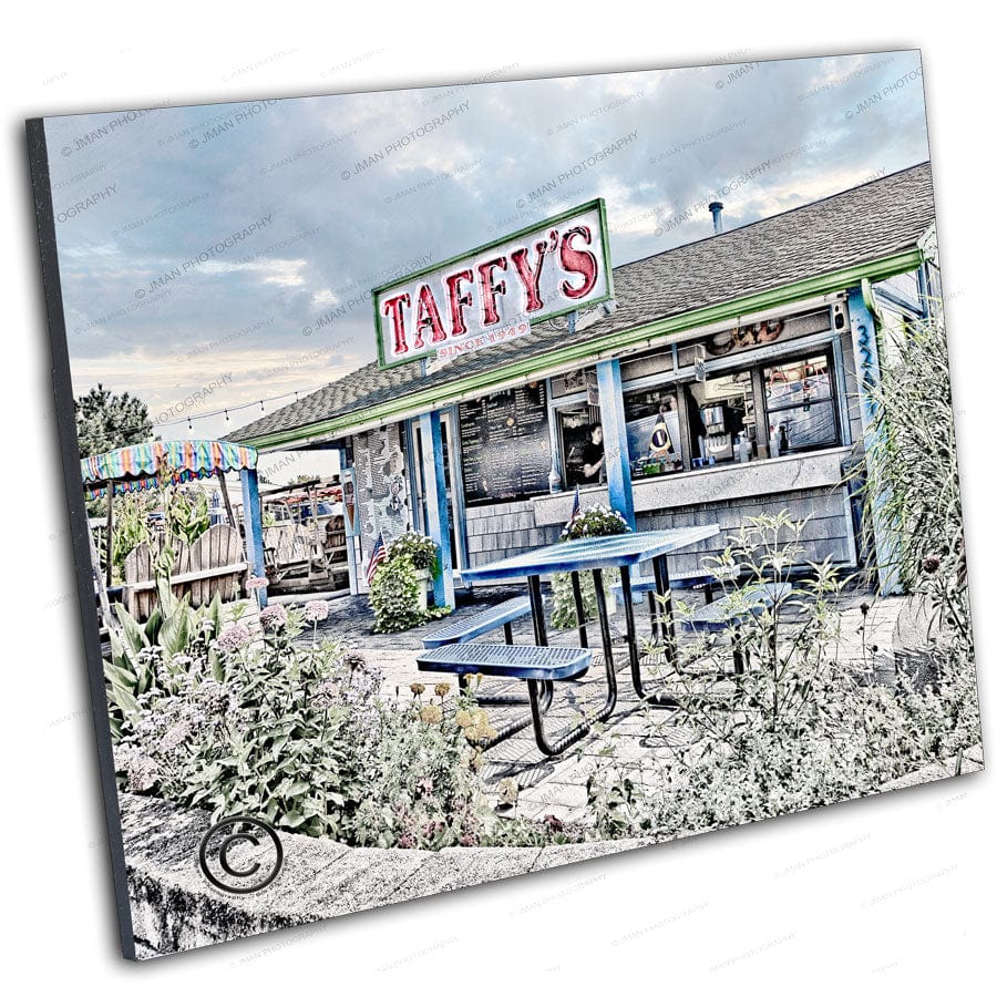 Angled view of Taffy's Hot Dog Stand artwork showing vivid colors and detailed print. Features iconic Buffalo NY hot dog stand scene.
