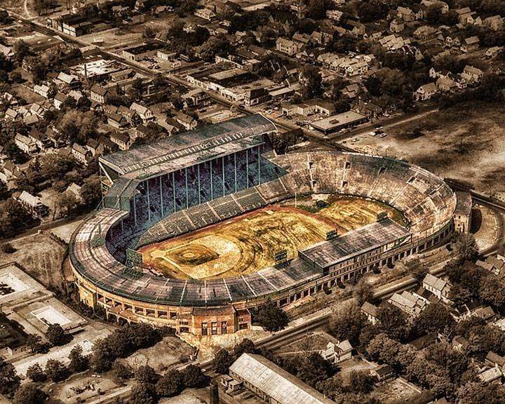 Aerial photo print of War Memorial Stadium in Buffalo, NY, showcasing the historic sports venue surrounded by residential neighborhoods.