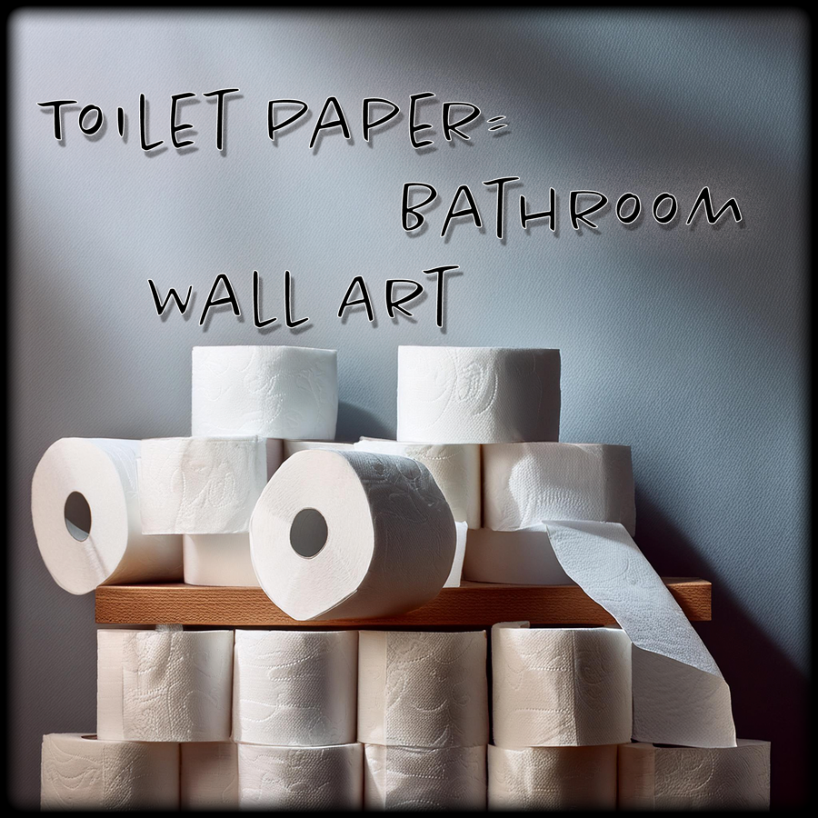 Stylish bathroom wall art with stacked toilet paper rolls display.