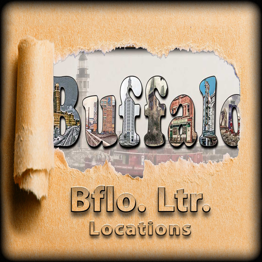 Buffalo skylines with iconic buildings forming Buffalo letters.
