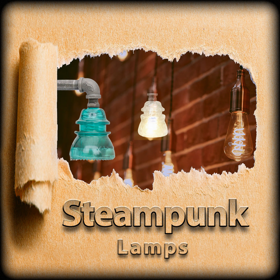 Steampunk industrial pipe lamps with vintage bulbs and rustic design.