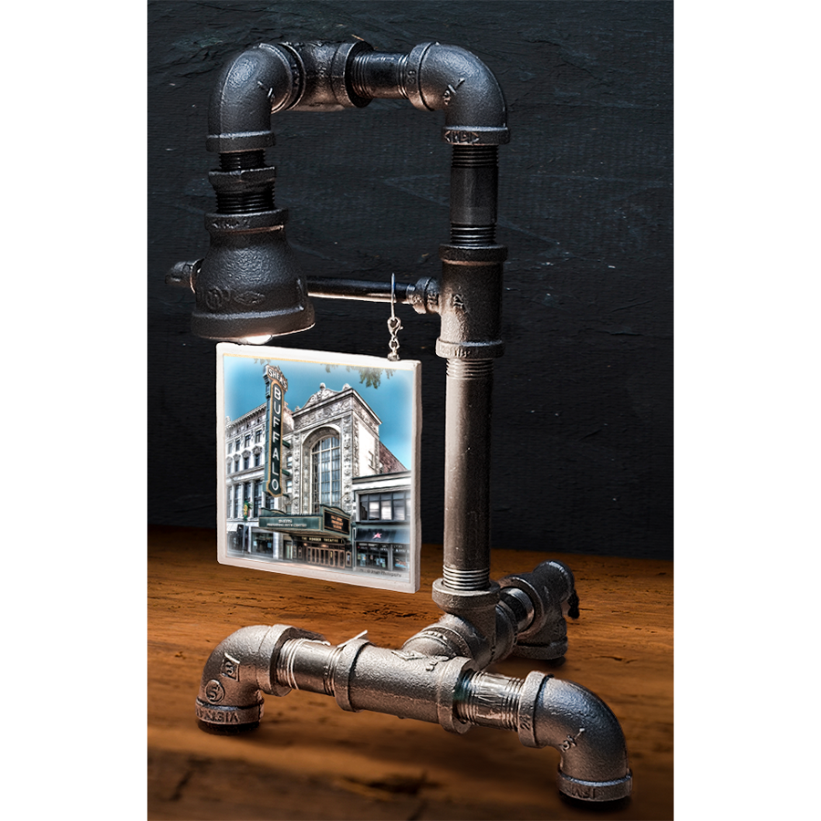 Custom pipe lamp with black industrial piping and a hanging tile image of a historic Buffalo theater, perfect for home decor or gift