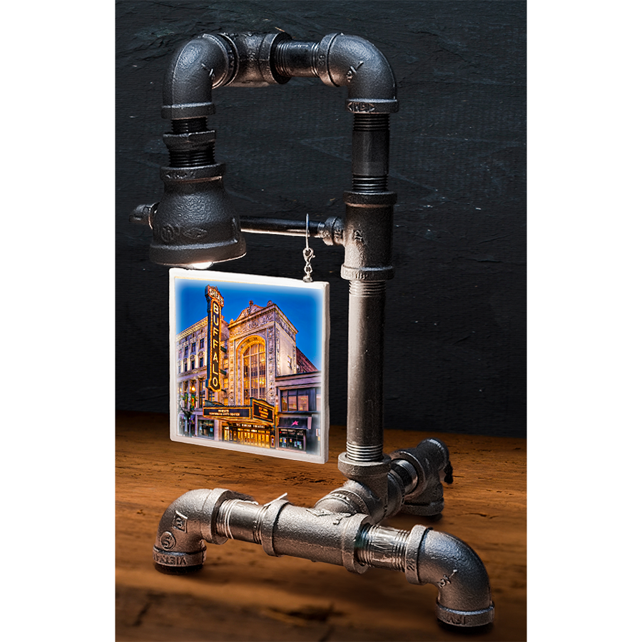 Custom pipe lamp with black industrial piping and a hanging tile image of Buffalo's historic theater, perfect for home decor