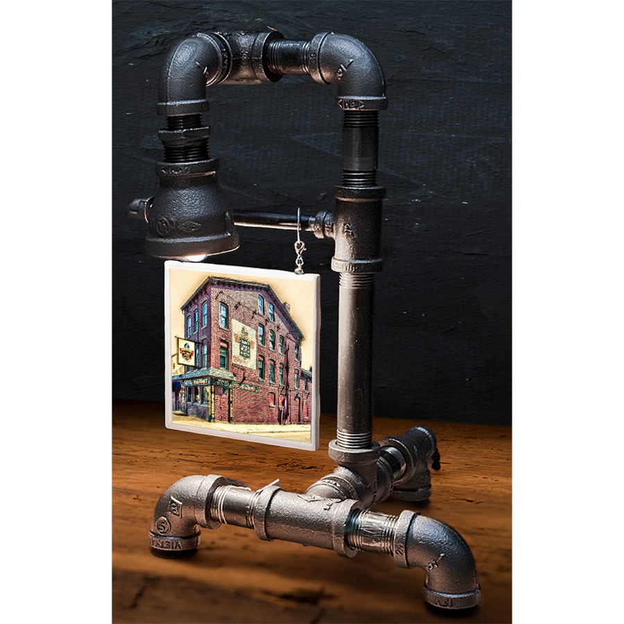 Custom pipe lamp with black industrial piping and a hanging tile image of a brick building, perfect for home decor or gift