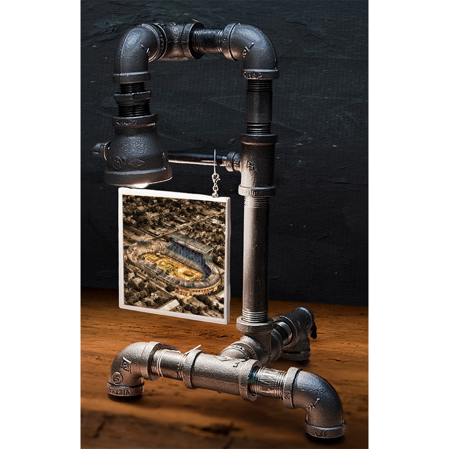Custom pipe lamp with black industrial piping and a hanging square tile image of a stadium, perfect for modern home decor