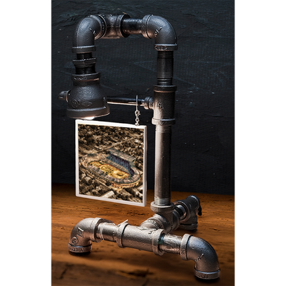 Custom pipe lamp with black industrial piping and a hanging square tile image of a stadium, perfect for modern home decor