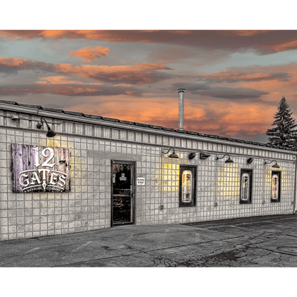12 Gates Brewing Photo - Jman Picture | Beer Memory captures the rustic exterior of 12 Gates Brewing at sunset, ideal for Buffalo-WNY wall decor.