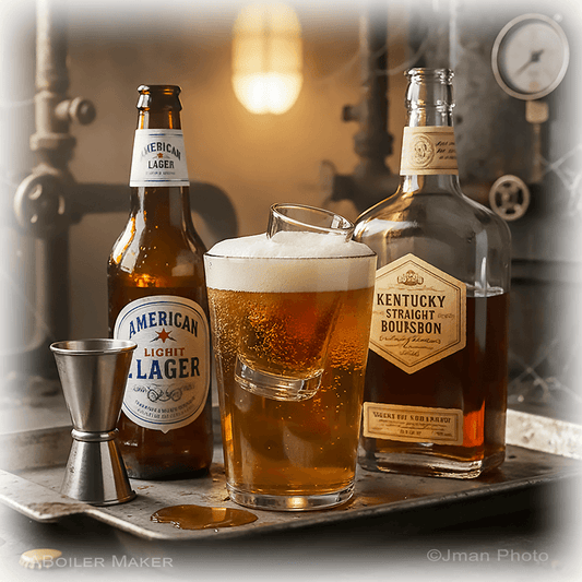 Boiler Maker Ceramic Wall Art - Trivet & Coaster featuring a beer and bourbon setup with American Lager and Kentucky Bourbon on a rustic bar tray.