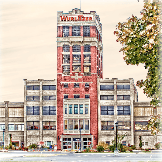 Wurlitzer Ceramic Coaster featuring historic Buffalo landmark with red brick tower and Wurlitzer sign. Scratch-resistant with cork backing.