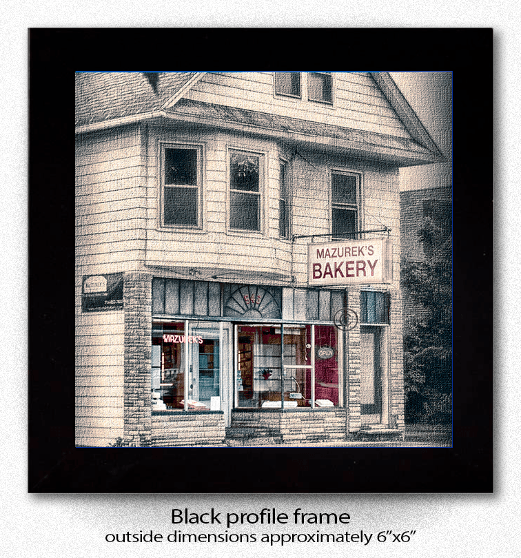 Framed Mazurek's Coaster - Buffalo Landmark with black profile frame, showcasing historic bakery image in a 6x6 inch display format.