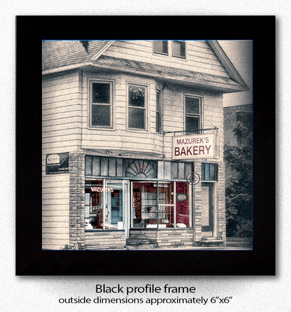 Framed Mazurek's Coaster - Buffalo Landmark with black profile frame, showcasing historic bakery image in a 6x6 inch display format.