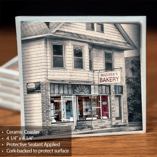 Mazurek's Bakery Coaster featuring a vintage photo of the bakery on a ceramic tile with cork backing, ideal for Buffalo-themed home decor.