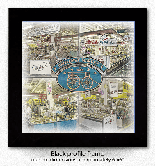 Framed Broadway Market Ceramic Coaster with Buffalo landmark artwork, ideal for unique home decor or collectible kitchen accessories.