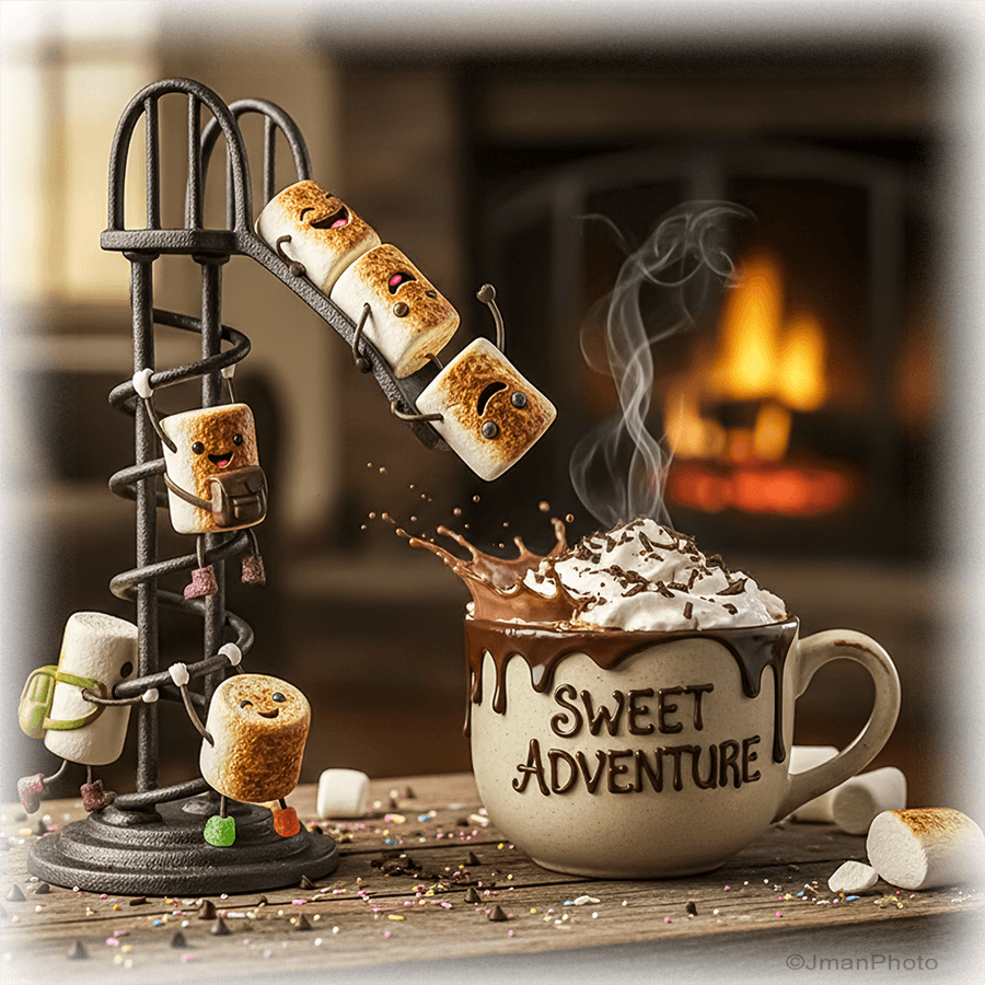 Hot Chocolate & Marshmallows ceramic tile wall art with whimsical marshmallows diving into a cocoa mug labeled 'Sweet Adventure'. Ideal for kitchen decor.