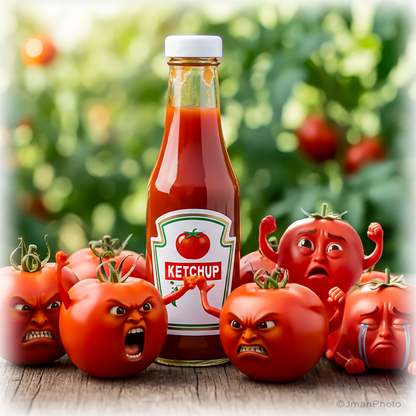 Ketchup Bottle & Angry Tomatoes - Ceramic Tile Wall Art/Prints
