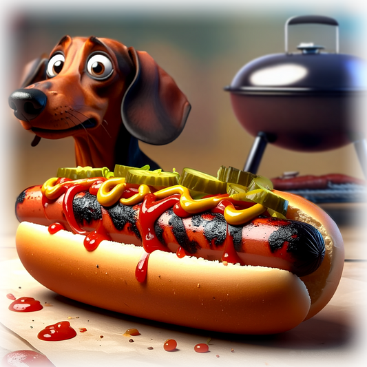 Hot Dog Weiner ceramic wall art featuring a cartoon dachshund beside a grilled hot dog with pickles and ketchup, perfect for kitchen decor.