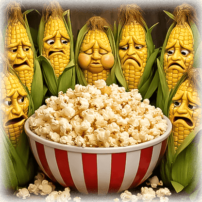 Popcorn Bowl ceramic tile wall art featuring a red-striped bowl of popcorn surrounded by sad cartoon corn cobs. Durable, easy-to-clean kitchen decor.