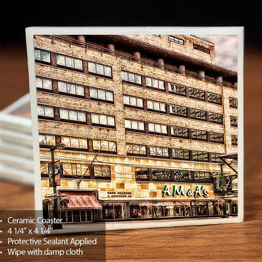 Ceramic Coaster - Home Decor featuring a photographic image of A M & A's building in Buffalo, NY. Protective sealant and cork backing included.